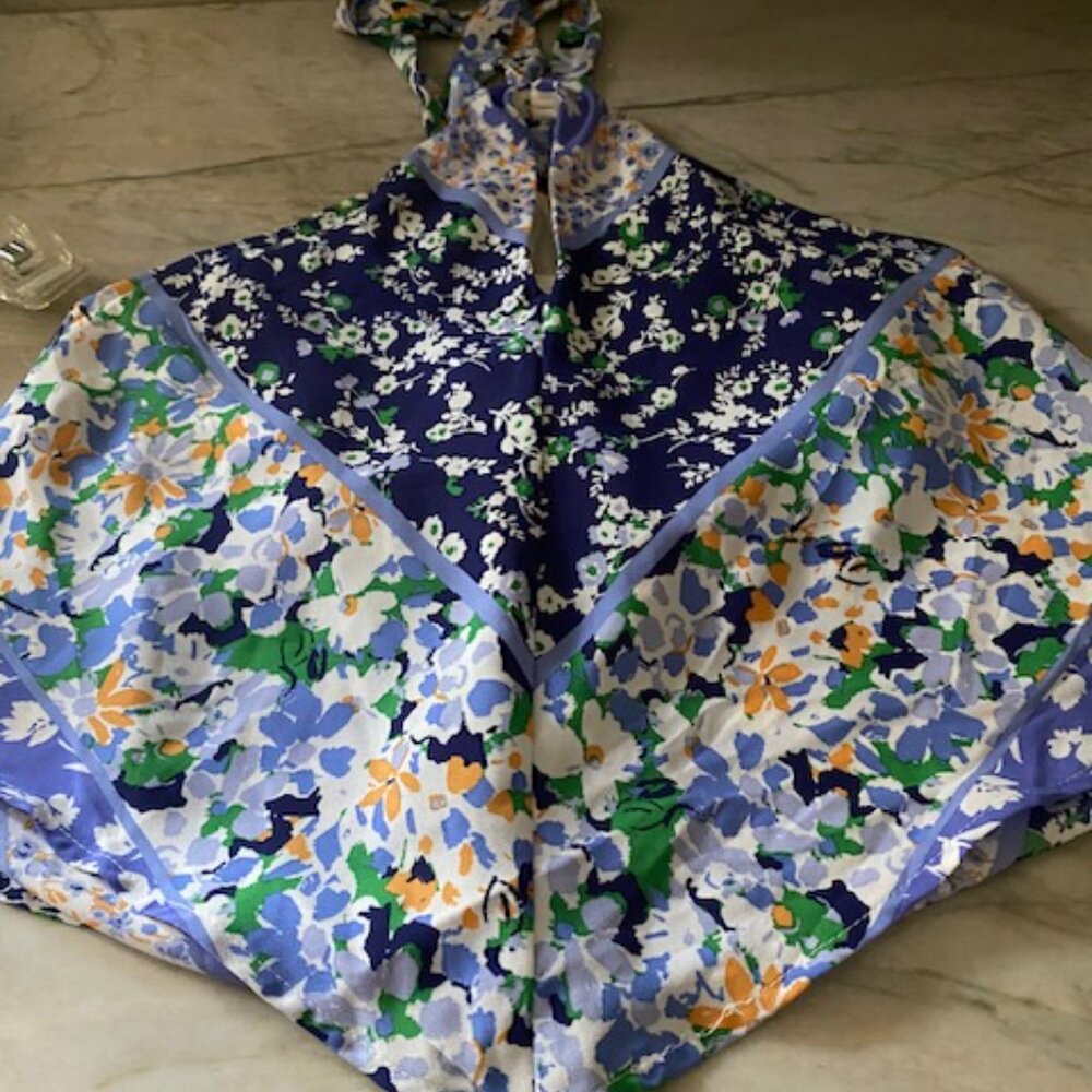 Sienna Sky Blue White Floral Halter Top Cropped Lined Tie Neck Crop Top NWT Lge